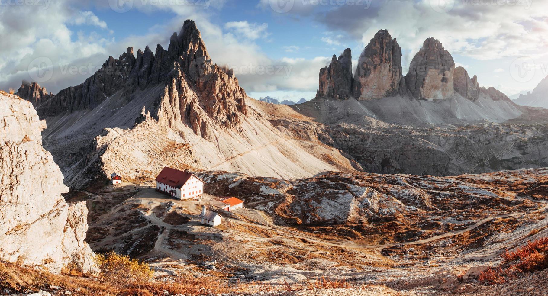 piccole piante sulle rocce. eccezionale paesaggio delle maestose montagne dolomitiche seceda durante il giorno. foto panoramica