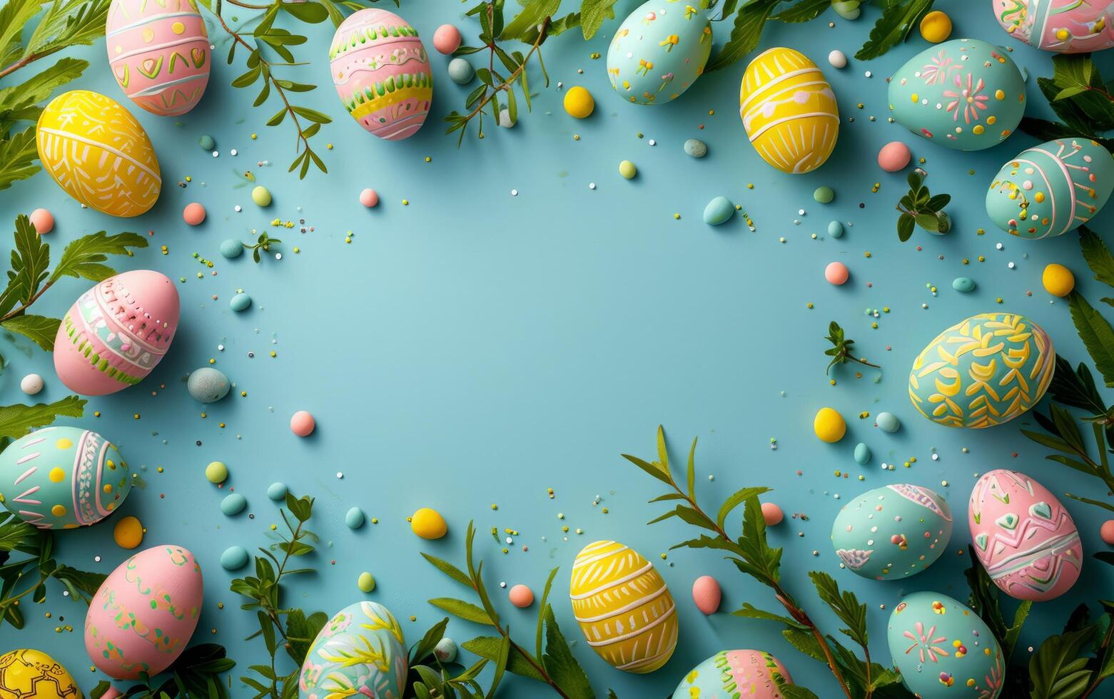 ai generato Pasqua uovo ornato telaio su un' blu sfondo foto