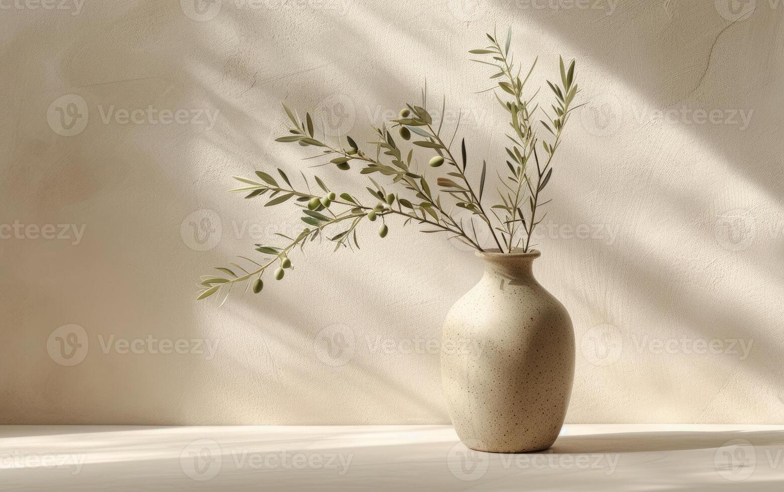 ai generato ombra modelli a partire dal oliva ramo nel ceramica vaso su strutturato parete foto