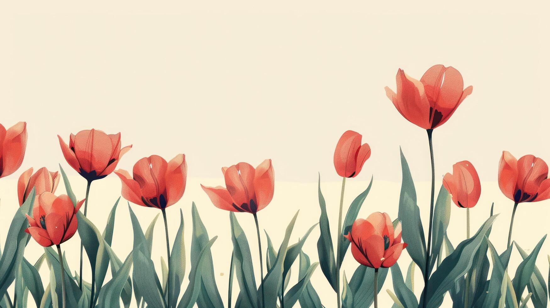 ai generato un' semplice, ancora bellissimo design con un' riga di tulipani a il parte inferiore foto