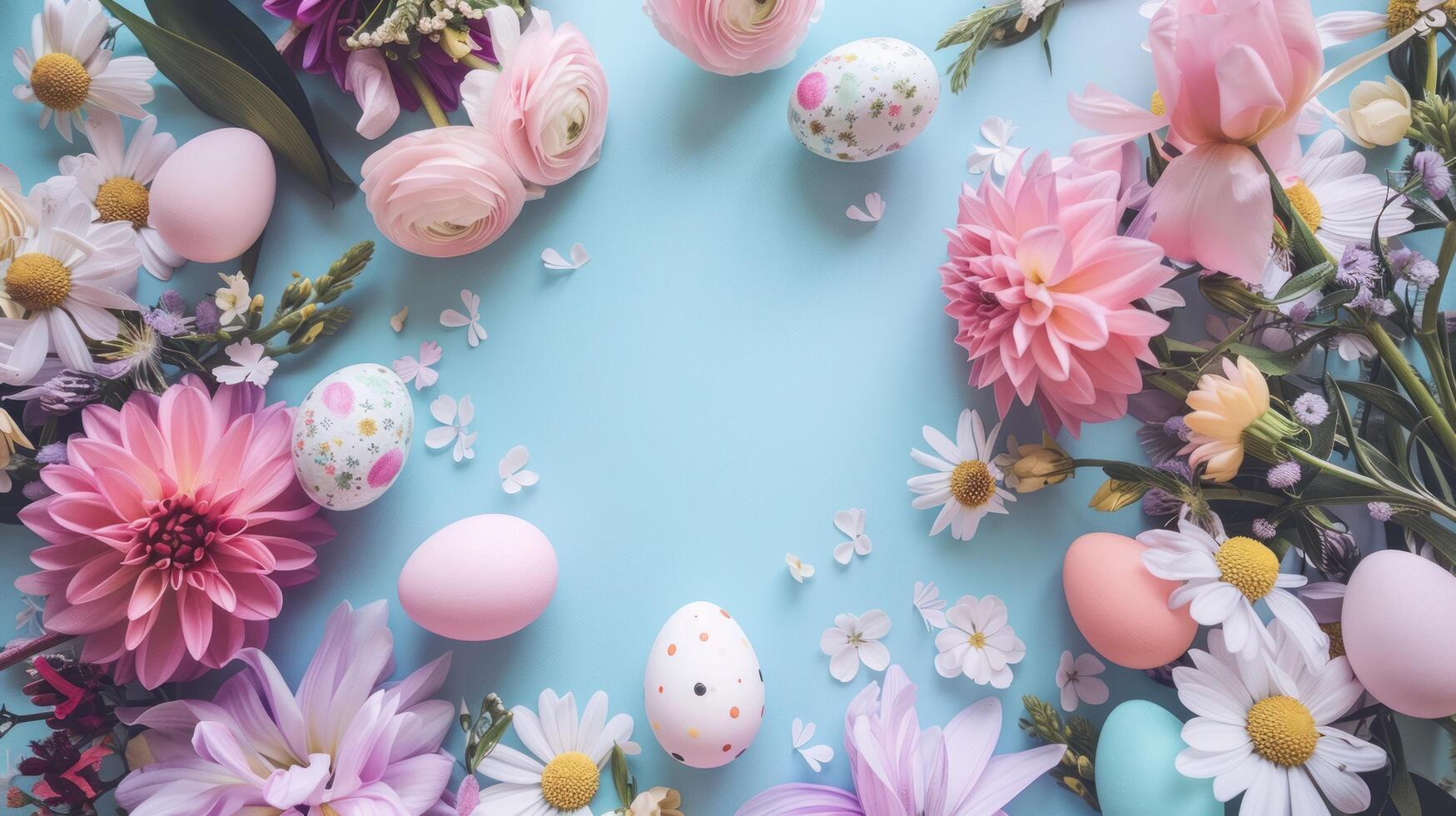 ai generato un' vivace Pasqua scena con fioritura fiori, dipinto uova, e un' centrale testo spazio foto