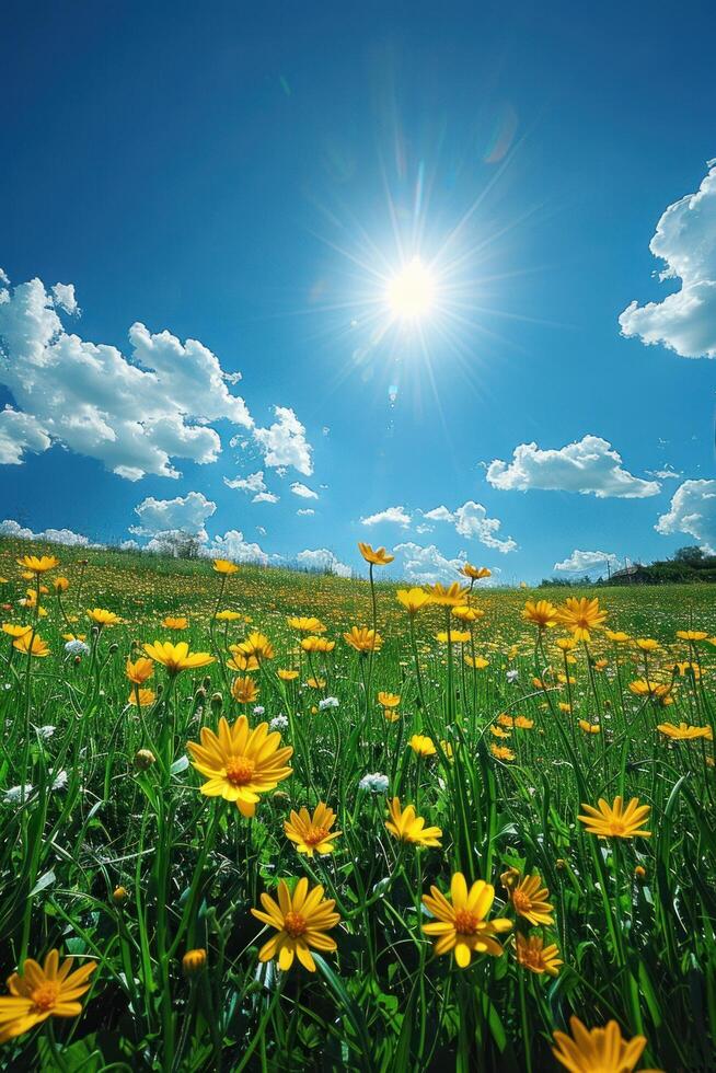 ai generato un' bellissimo campo con fioritura colza a soleggiato giorno. Là siamo colza fiori sotto e verde erba su superiore di il sole foto