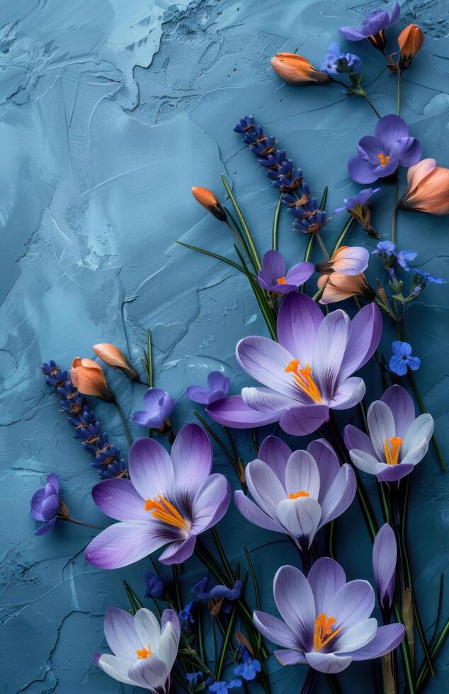 ai generato il fiori di croco, lavanda, e Viola, su un' blu sfondo foto