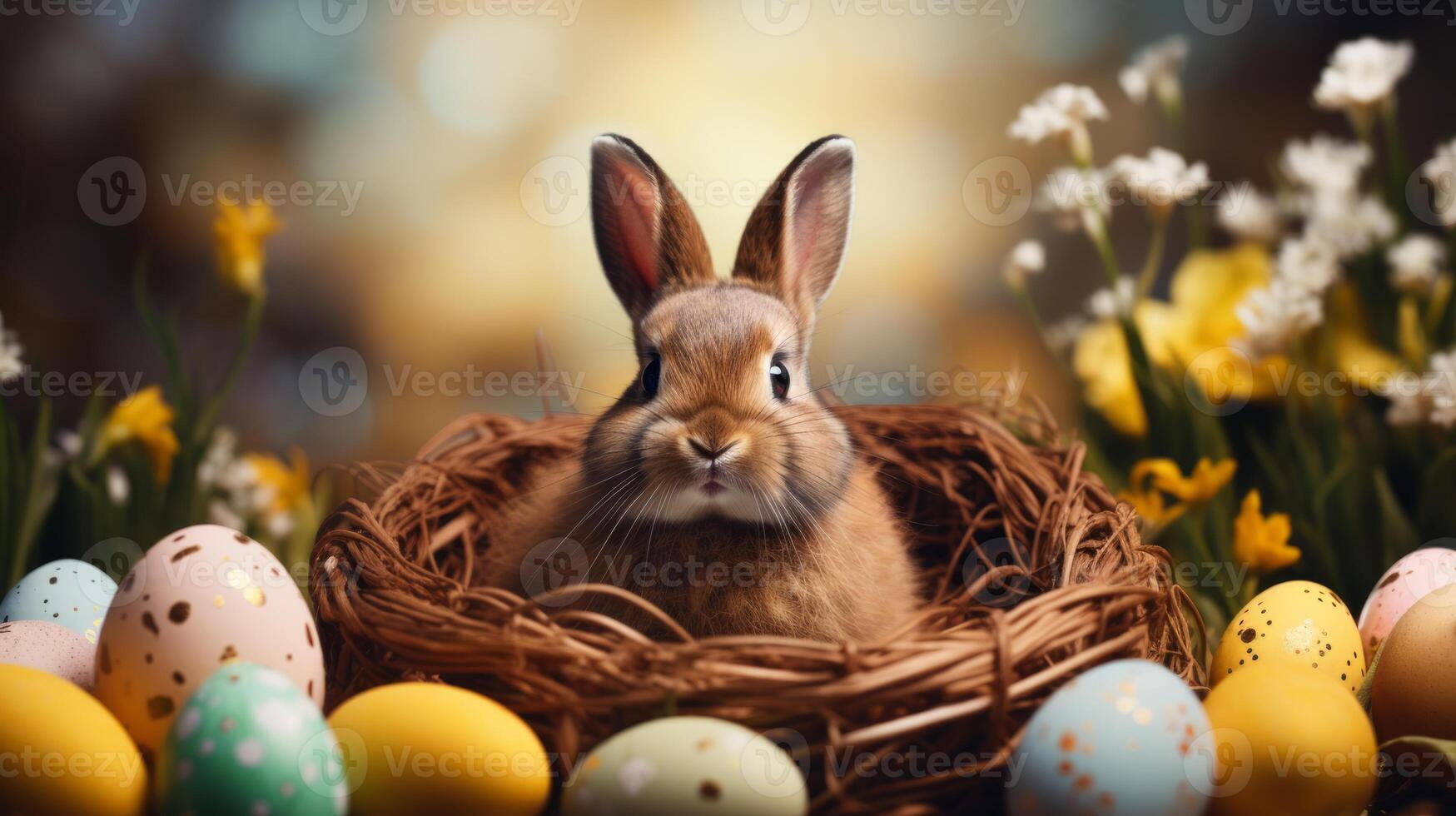ai generato carino Pasqua coniglio con decorato uova e primavera fiori su primavera paesaggio. coniglietto nel nel il giardino. foto