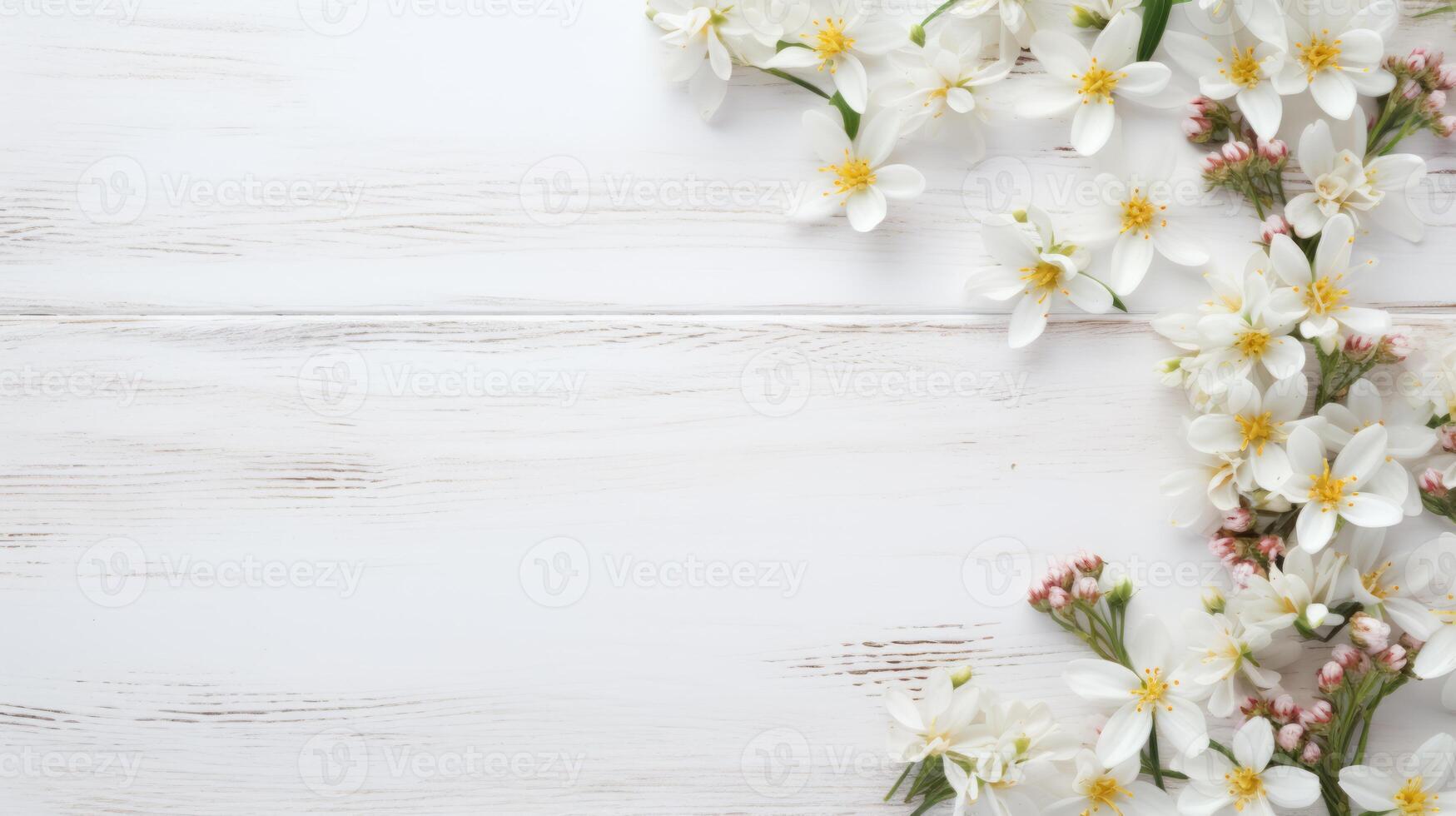 ai generato bella primavera fiori su bianca di legno sfondo con copia spazio per il tuo design. primavera sfondo concetto foto