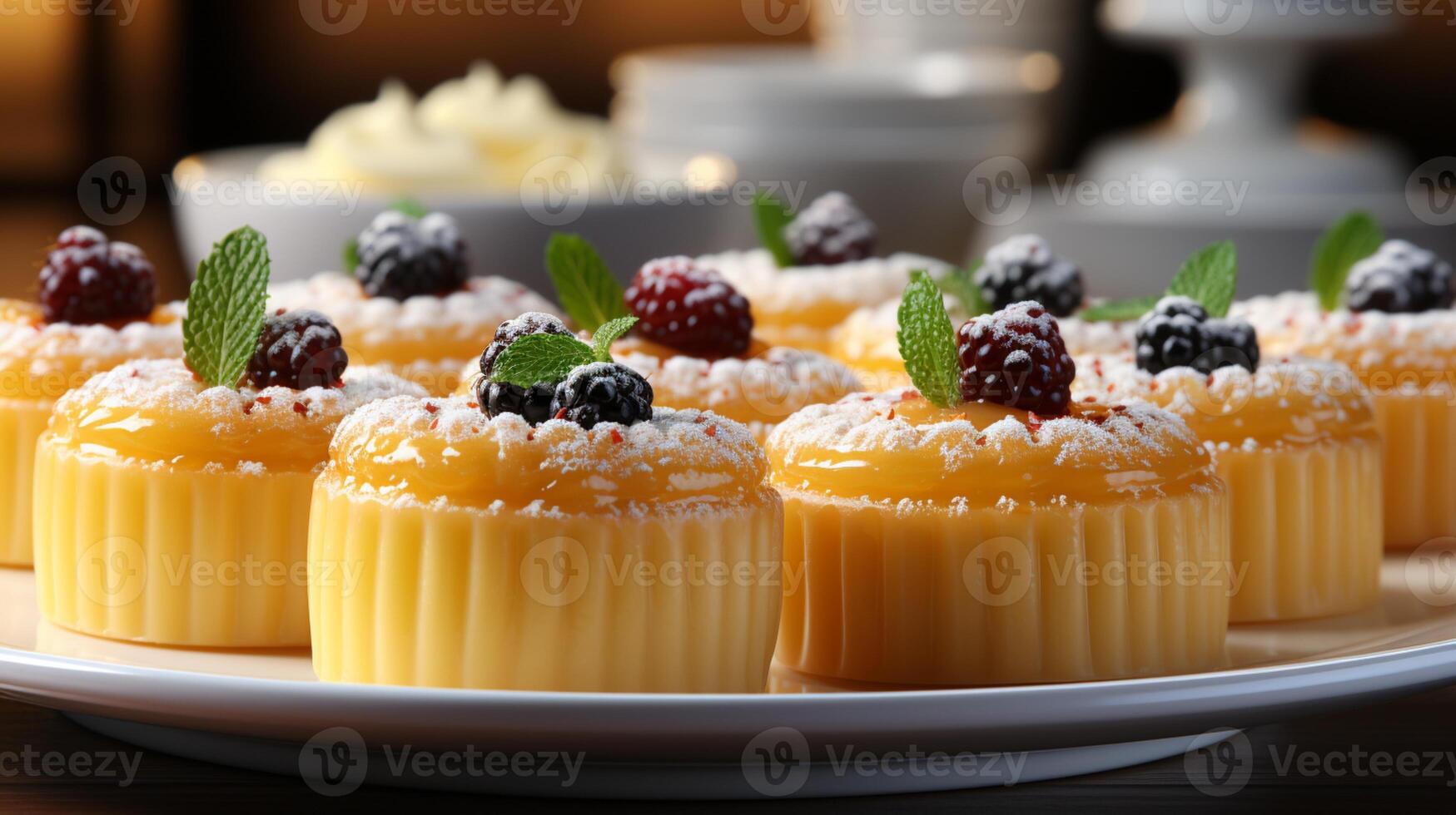 ai generato bacca mini torta crostata con vaniglia crema guarnizione foto