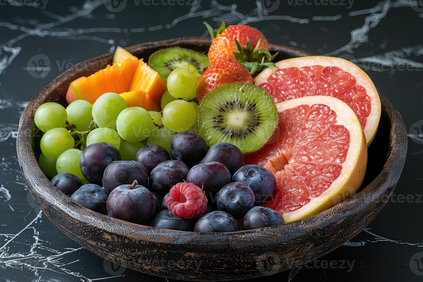 ai generato prima colazione con un' fresco frutta ciotola pubblicità cibo fotografia foto