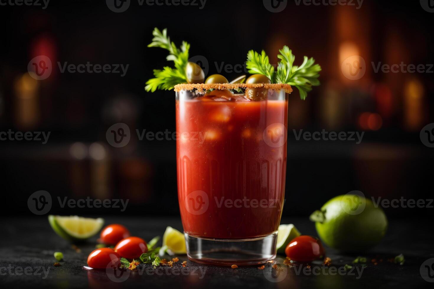 ai generato sanguinoso Maria cocktail con pomodoro, lime e coriandolo su buio sfondo. commerciale promozionale foto