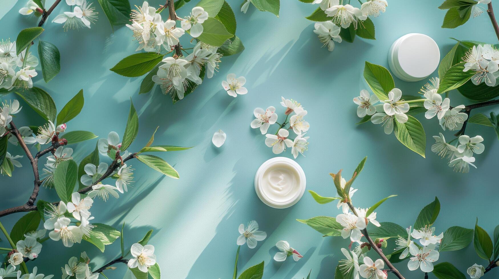 ai generato un elegante ambientazione in mostra facciale cosmetico prodotti, foglie, e ciliegia fiori su un' blu scrivania foto