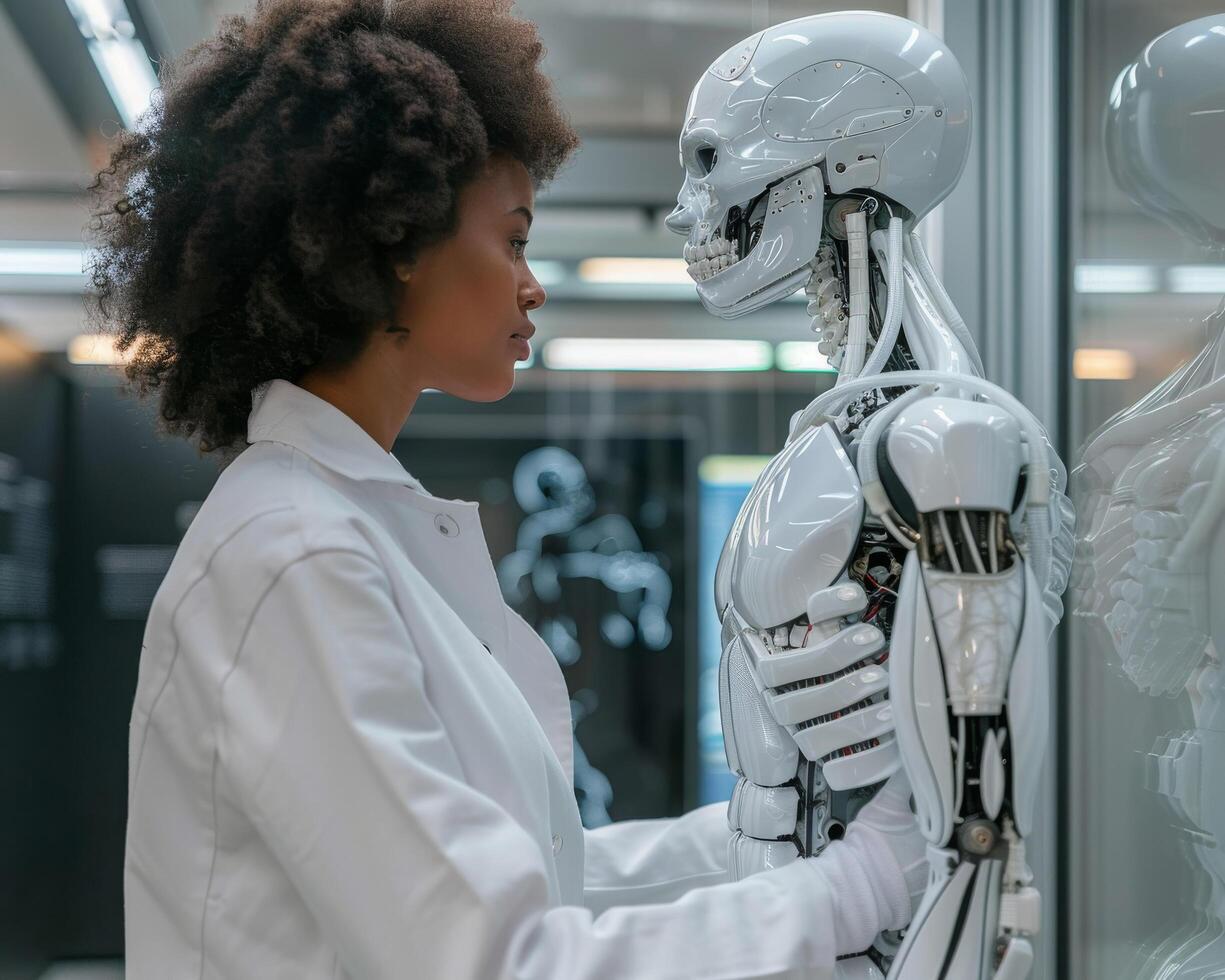 ai generato un' femmina scienziato nel un' laboratorio cappotto mette a punto il meccanismi di un' sofisticato umanoide robot, illustrare il intersezione di tecnologia e biologia foto