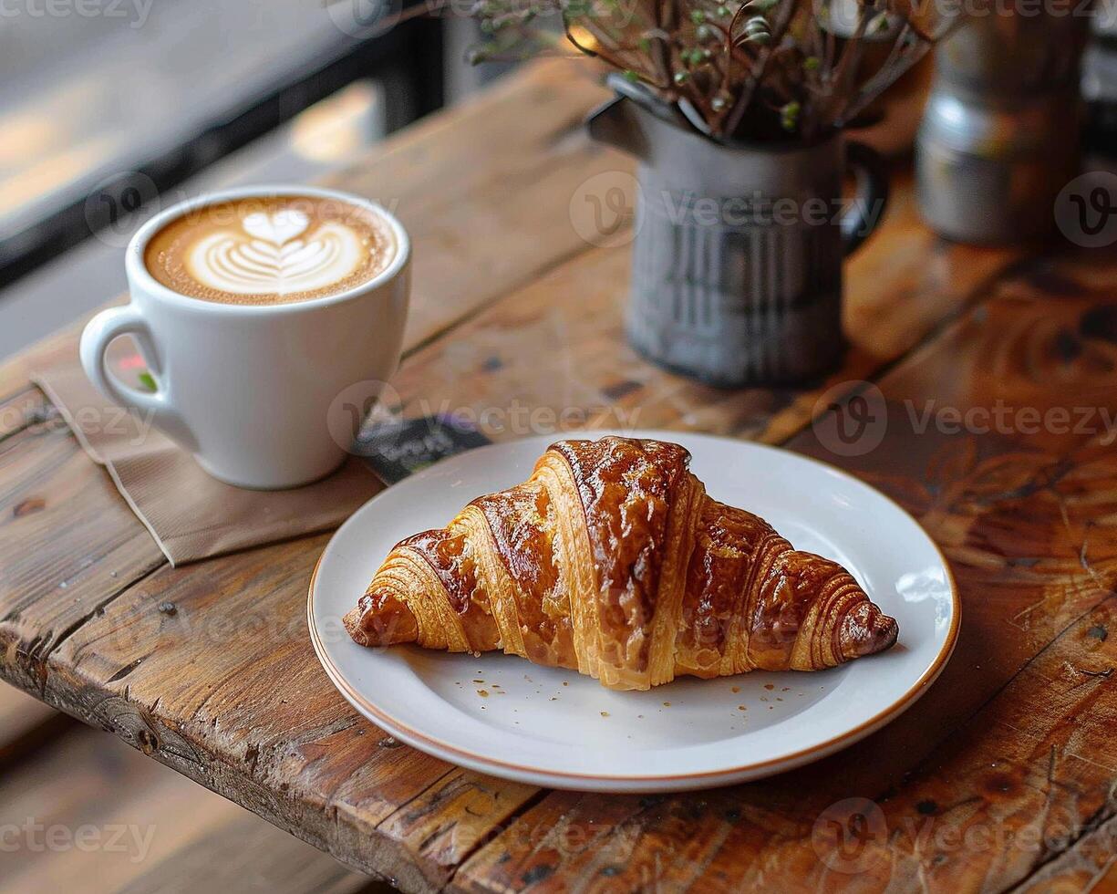 ai generato accogliente bar ambientazione con un' tazza di cappuccino con latte macchiato arte accanto un' appena al forno brioche foto