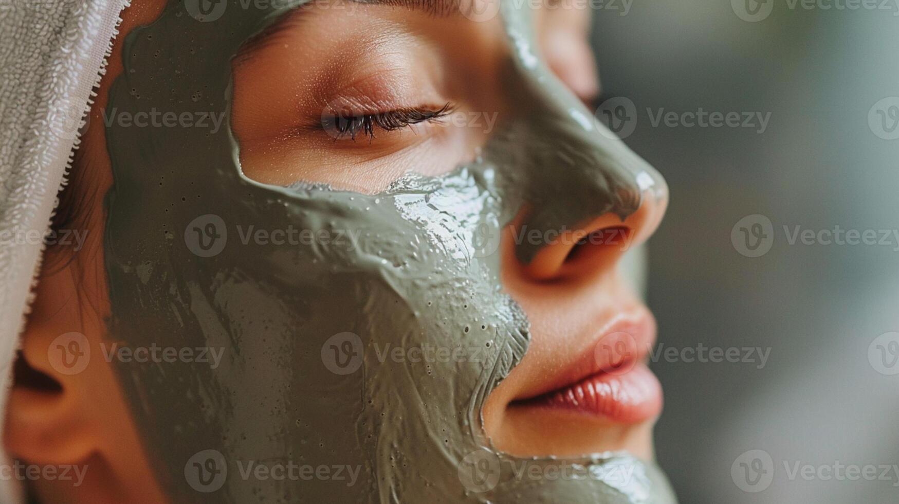 ai generato contento bellissimo giovane donna dire bugie giù con facciale maschera trattamento nel bellezza e terme salone. foto