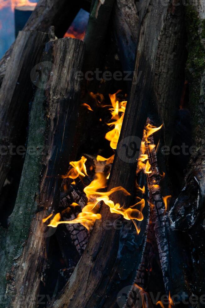 bellissimo fuoco fiamme su un' fuoco di bivacco foto