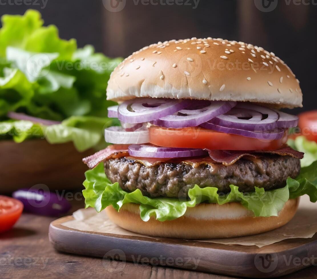 ai generato avvicinamento di un' Hamburger con sesamo seme panino, lattuga, pomodori, rosso cipolle, Bacon, e un' Manzo polpetta su un' di legno superficie con lattuga le foglie nel il sfondo foto