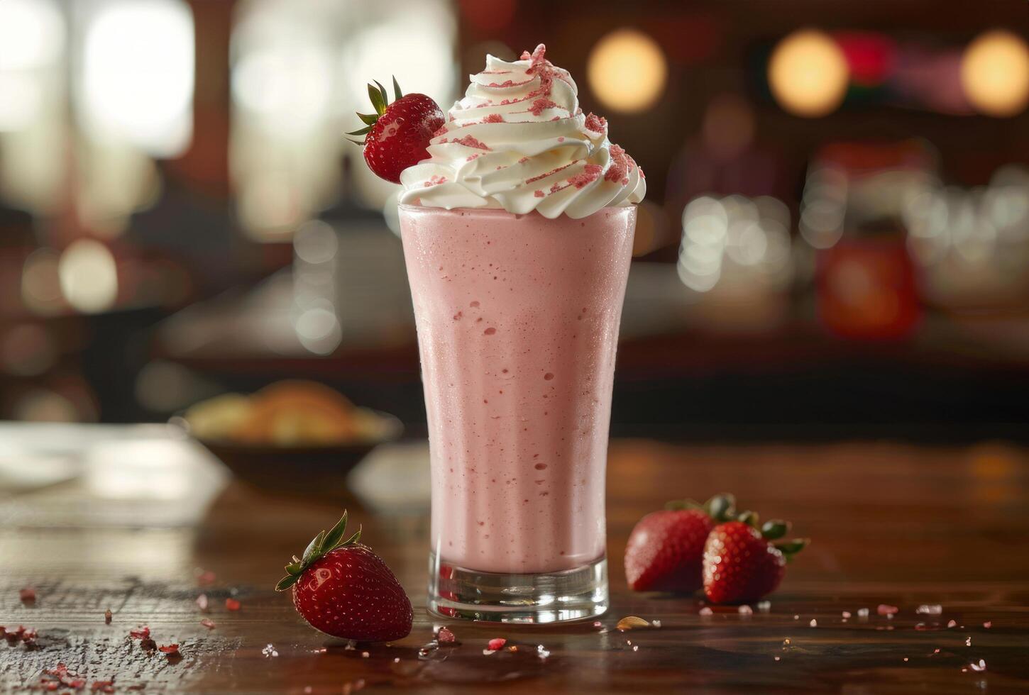 ai generato un' fragola frappè, sormontato con frustato crema e un' fresco fragola su il bordo di il bicchiere foto