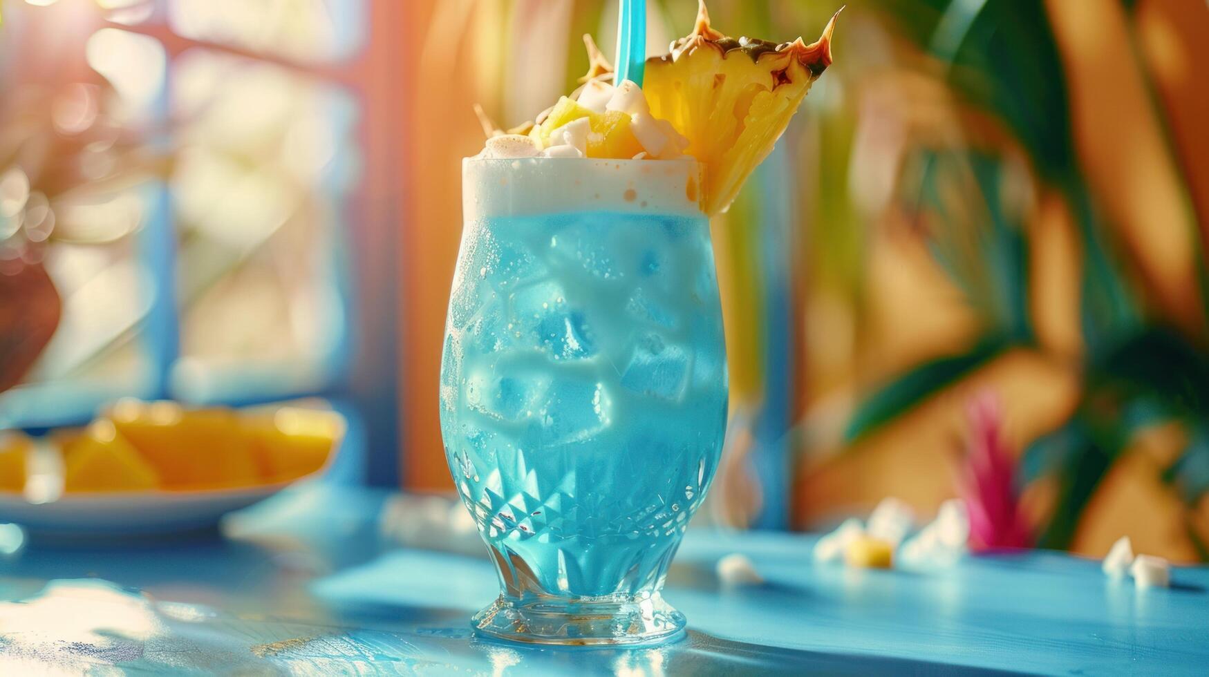 ai generato un' blu hawaiano cocktail, con blu Curacao, Rum, ananas succo, e Noce di cocco crema, servito al di sopra di ghiaccio foto