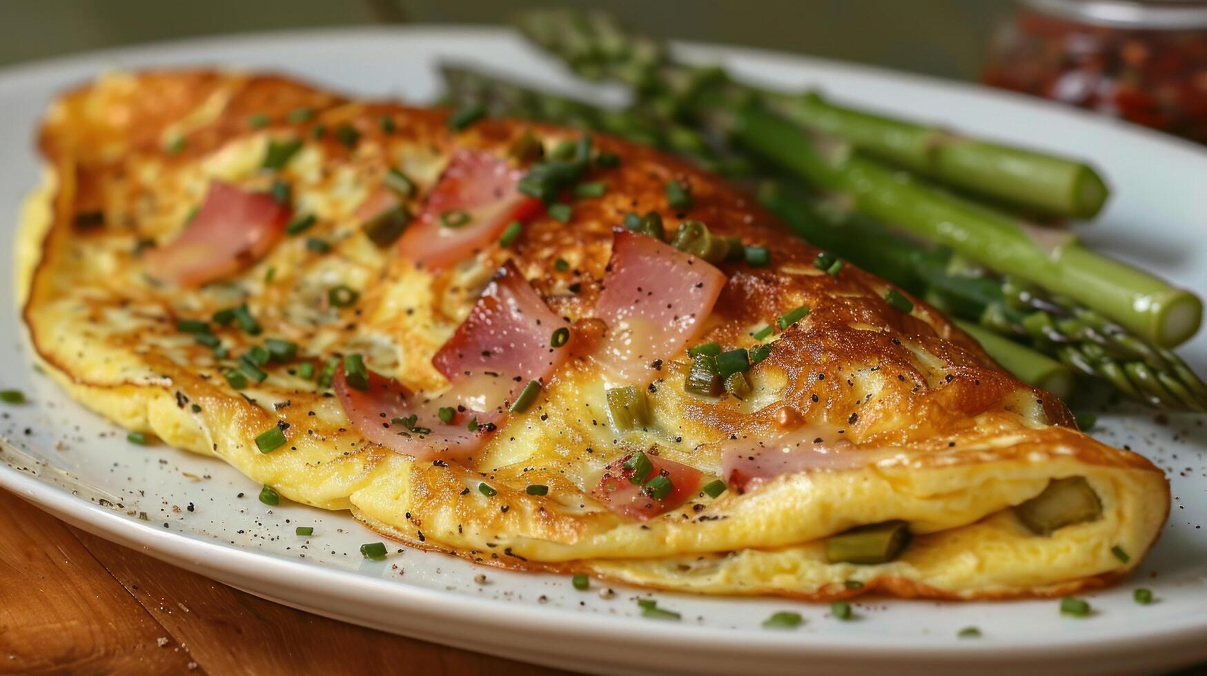 ai generato un' prosciutto e asparago frittata, pieno con a dadini prosciutto, asparago lance, e svizzero formaggio foto