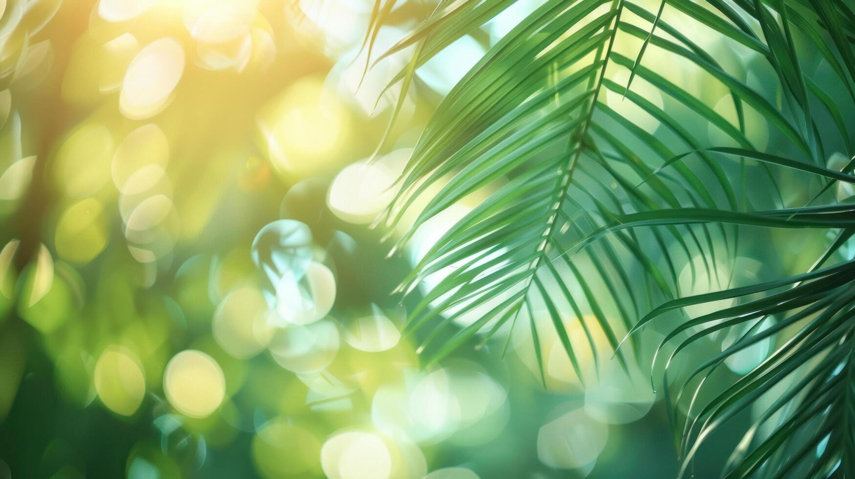 ai generato bellissimo sfocato verde palma le foglie contro un' tropicale spiaggia fondale foto