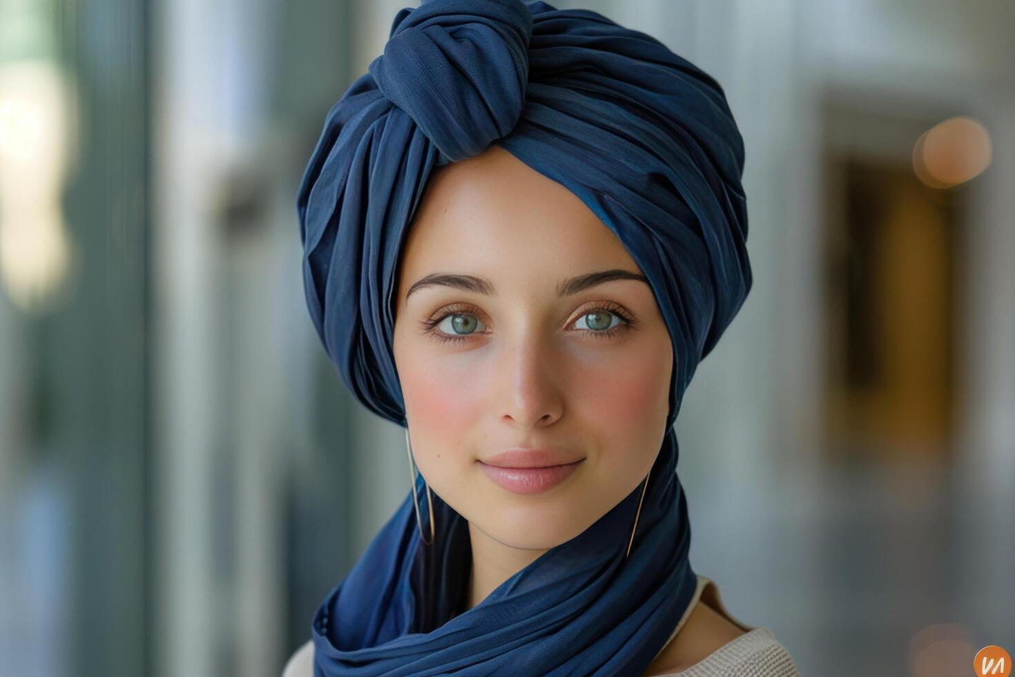 ai generato elegante giovane musulmano arabo donna indossare un' Marina Militare blu testa sciarpa turbante foto