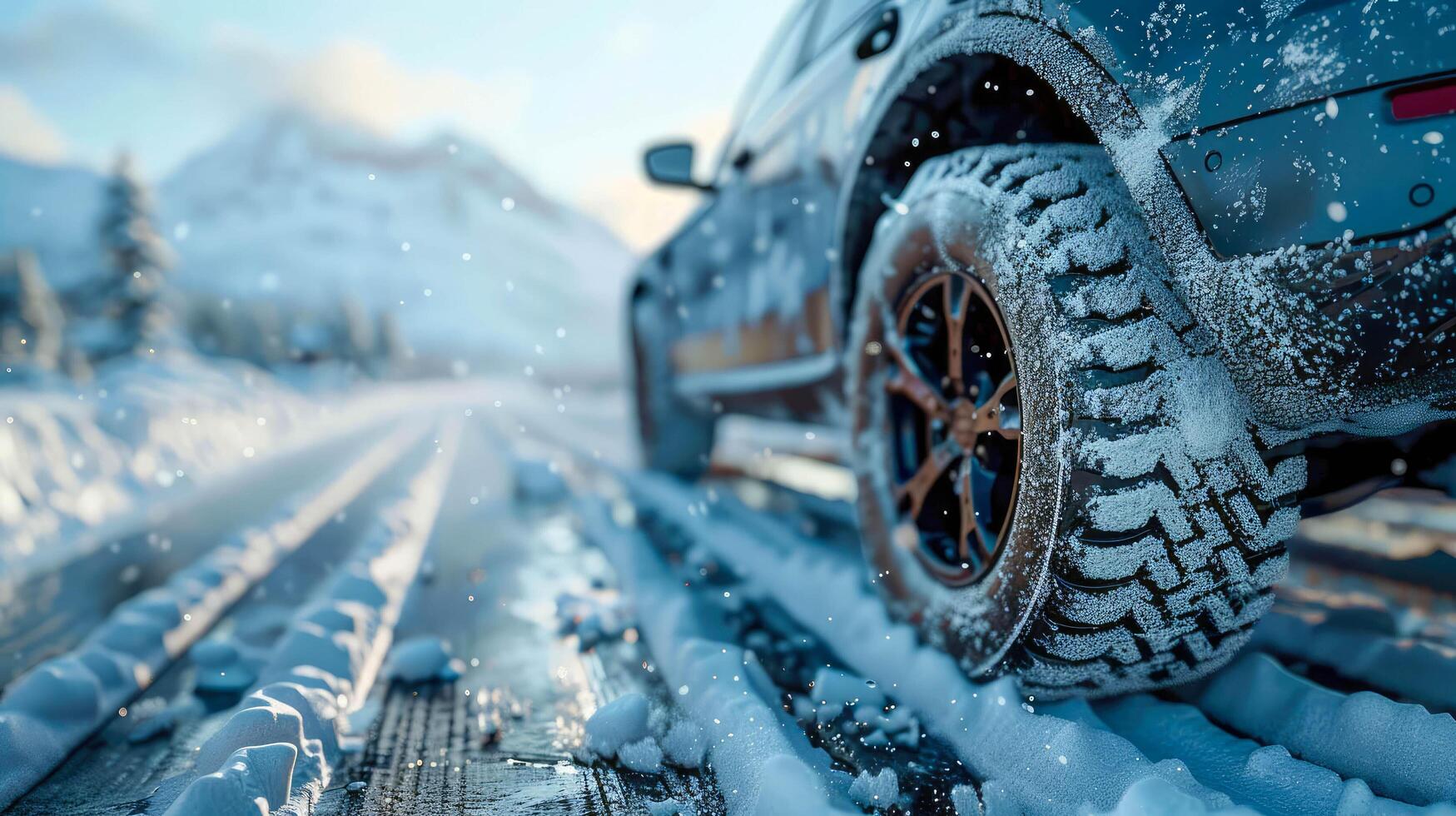 ai generato auto su inverno strada coperto con neve a tramonto. avvicinamento foto