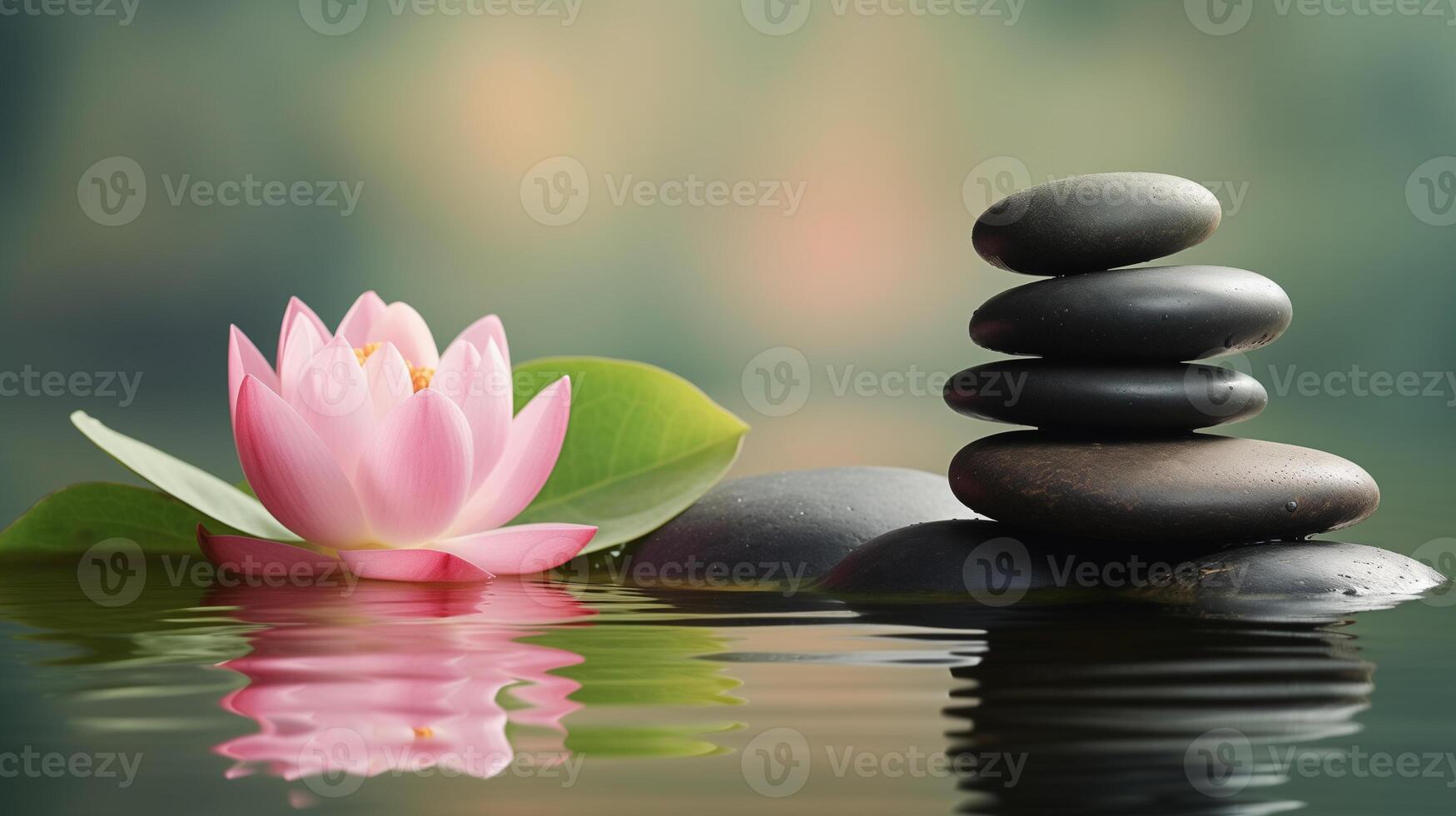 ai generato rosa loto fiore su zen pietre con acqua riflessione, terme concetto foto
