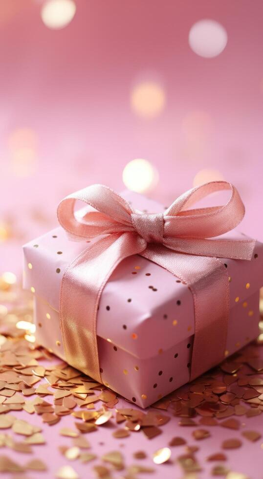 ai generato regalo scatola con oro coriandoli su un' rosa sfondo foto