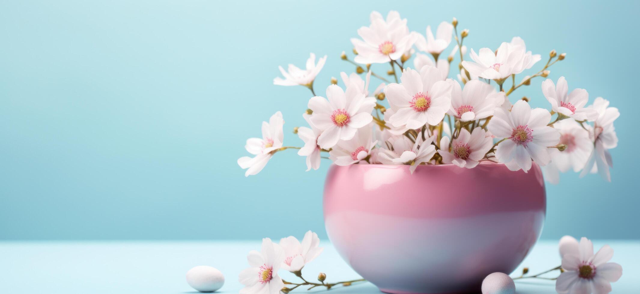 ai generato Pasqua uovo nel fiore tazza su il blu sfondo foto