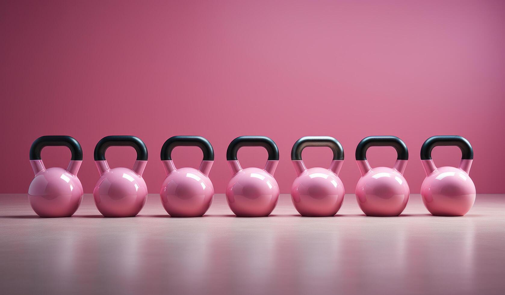 ai generato un' gruppo di rosa kettlebell su un' tavolo con un' rosa parete foto