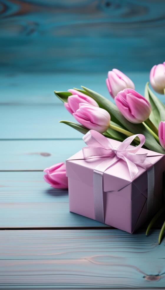 ai generato rosa tulipani con rosa regalo su regalo involucro di legno sfondo foto
