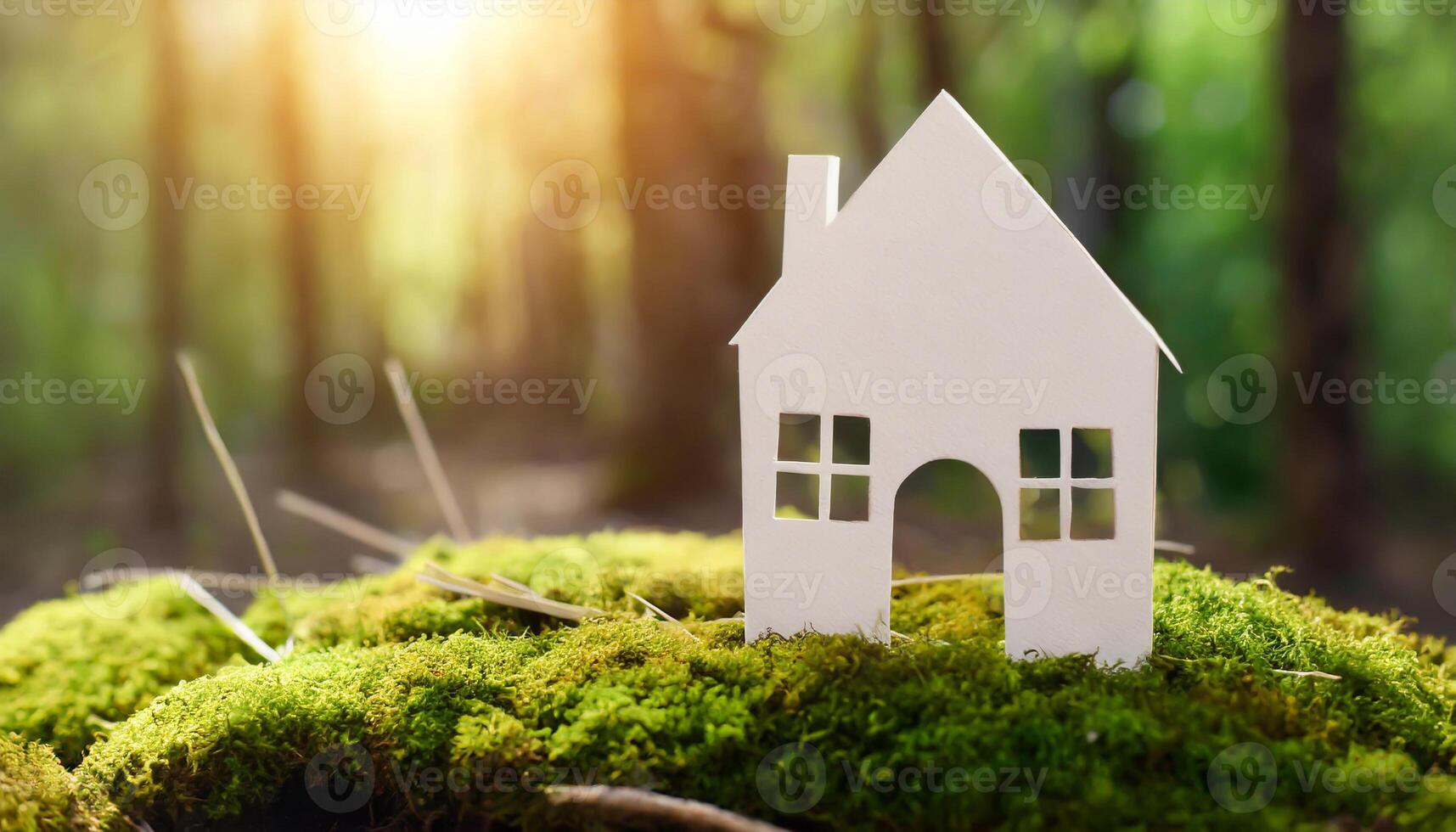 ai generato eco Casa. verde e l'ambiente amichevole alloggiamento concetto. miniatura di legno Casa nel primavera erba, muschio e felci su un' soleggiato giorno foto