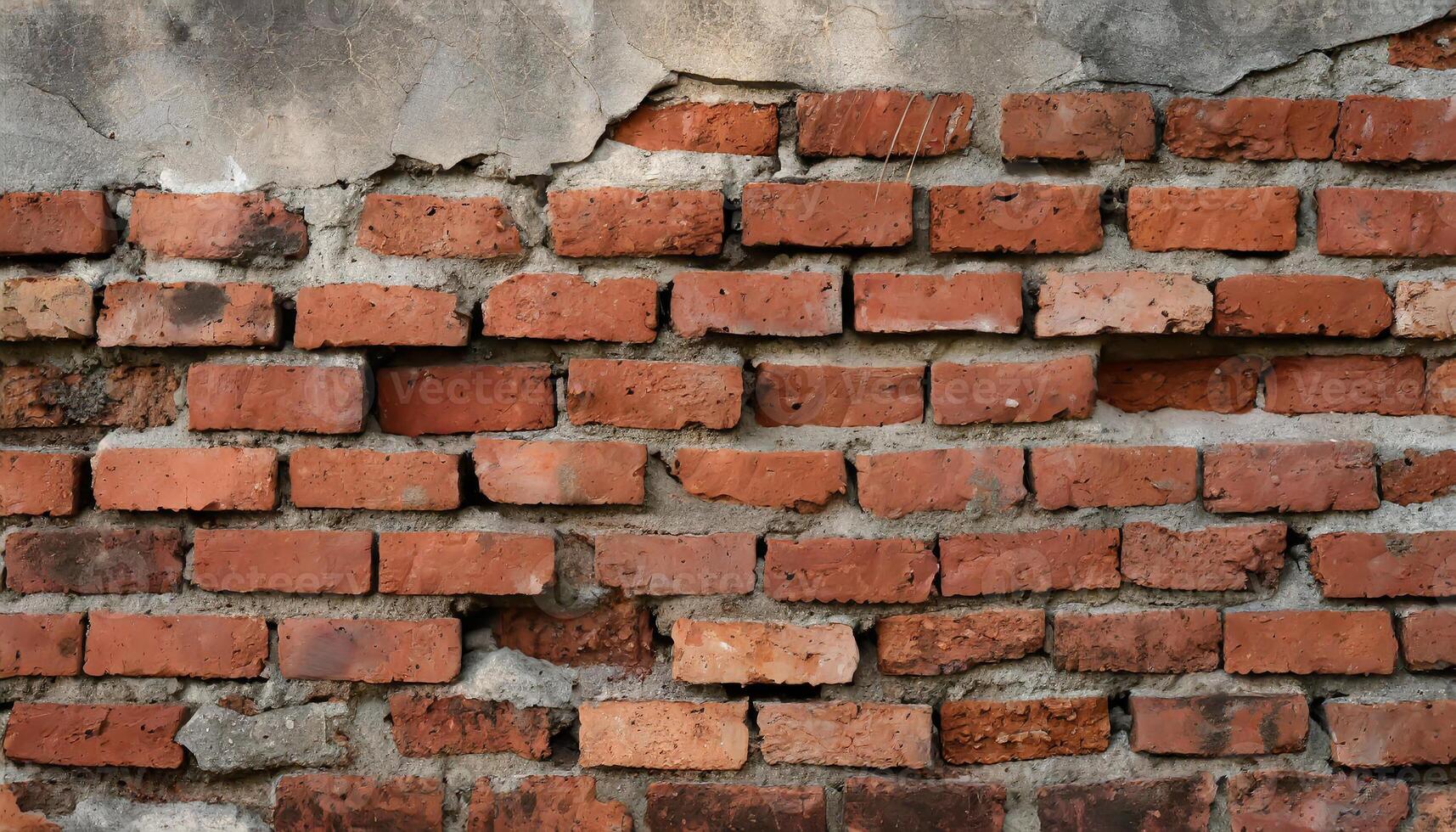 ai generato frammento di vecchio muratura, avvicinamento. rosso mattone parete. buche e difetti nel un' mattone parete. piatto posizione, avvicinamento. crepe e difetti di rosso mattone su il parete. edificio case, struttura foto