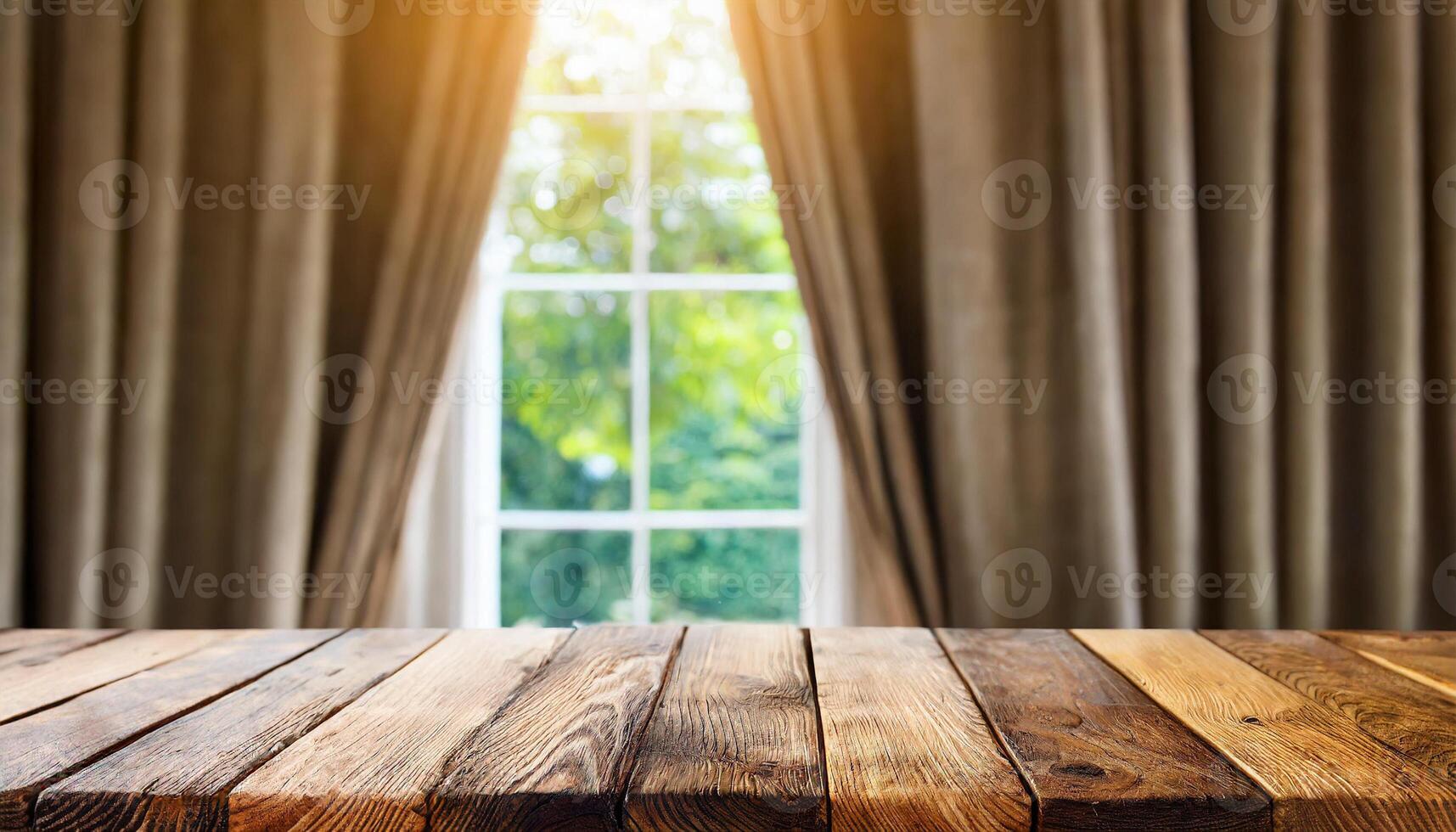 ai generato di legno tavolo superiore su sfocato sfondo di metà tendato finestra foto