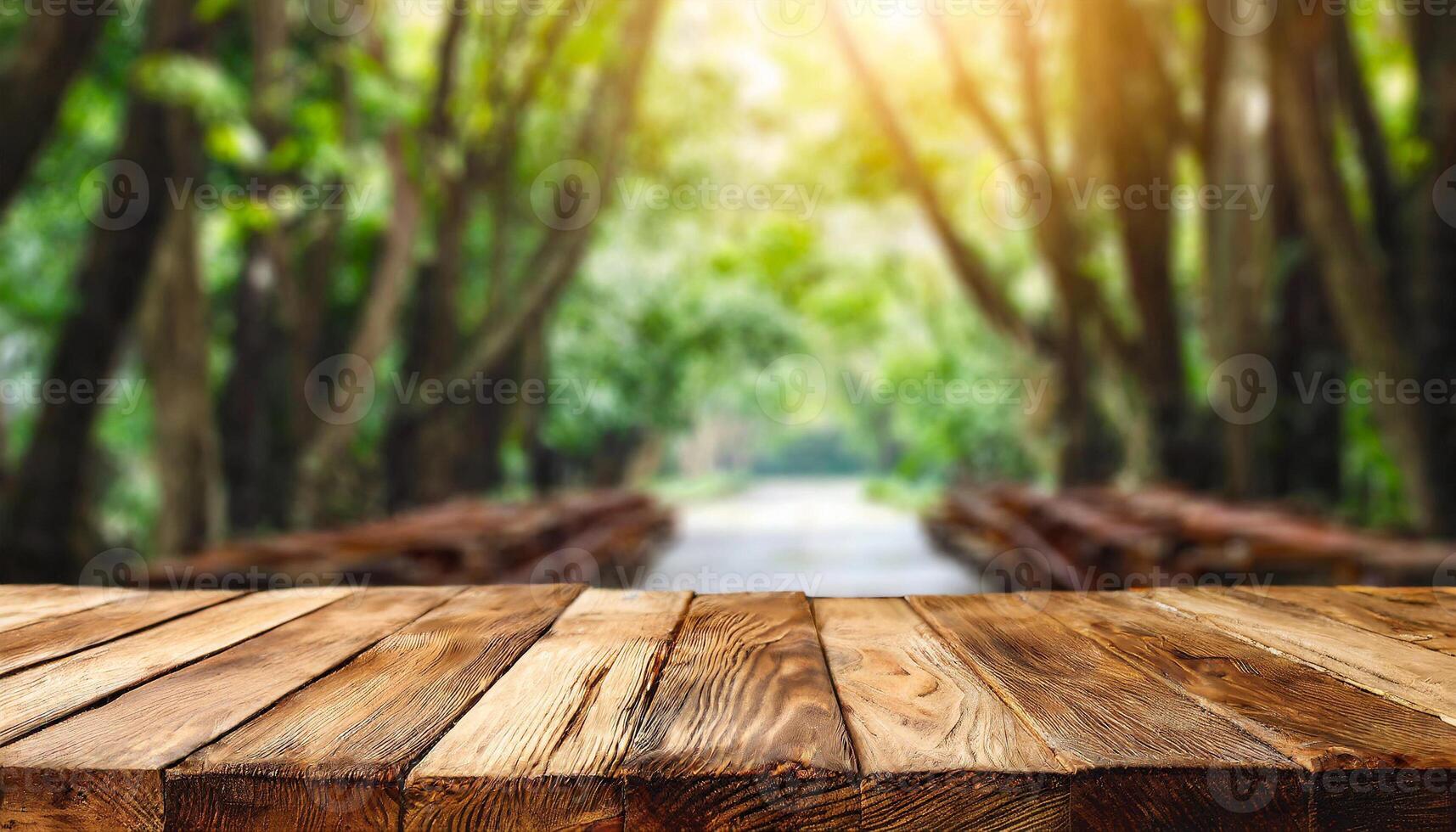ai generato vuoto vuoto di legno tavolo per prodotti con verde estate primavera impianti sfocato sfondo foto