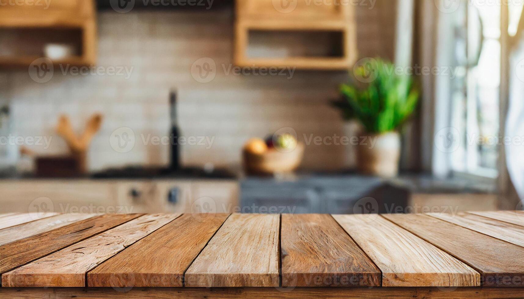 ai generato Marrone di legno struttura tavolo al di sopra di leggero sfocato Immagine di cucina panca. cucina sfocato sfondo. foto