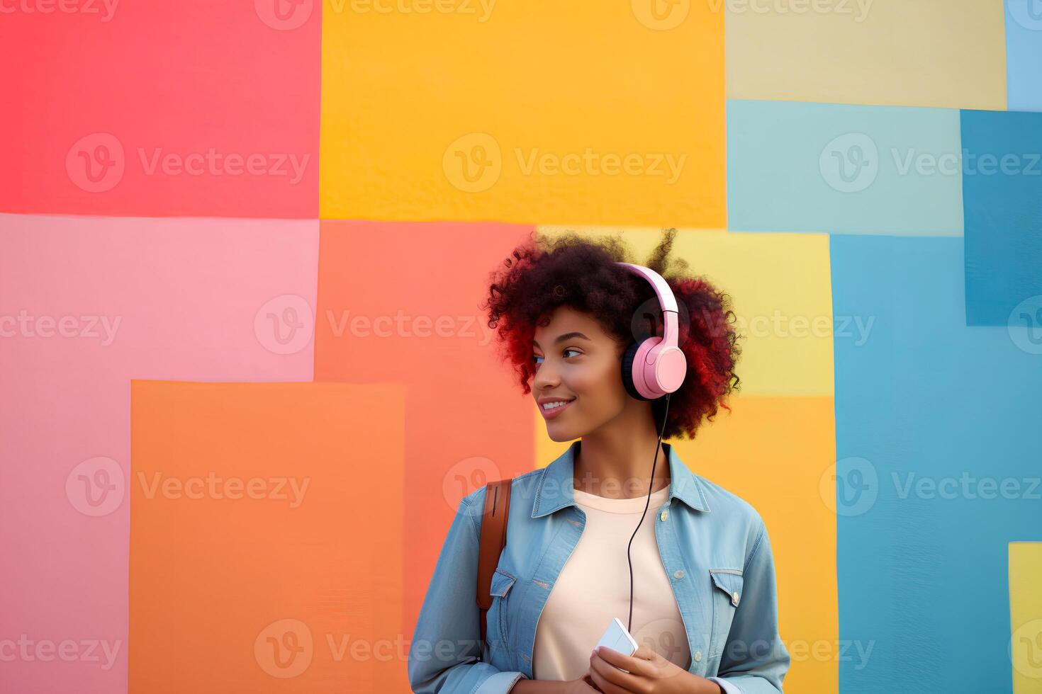 ai generato giovane donna con colorato capelli e cuffie passeggiate passato un' colorato parete, nel il stile di colorato, minimalista. foto