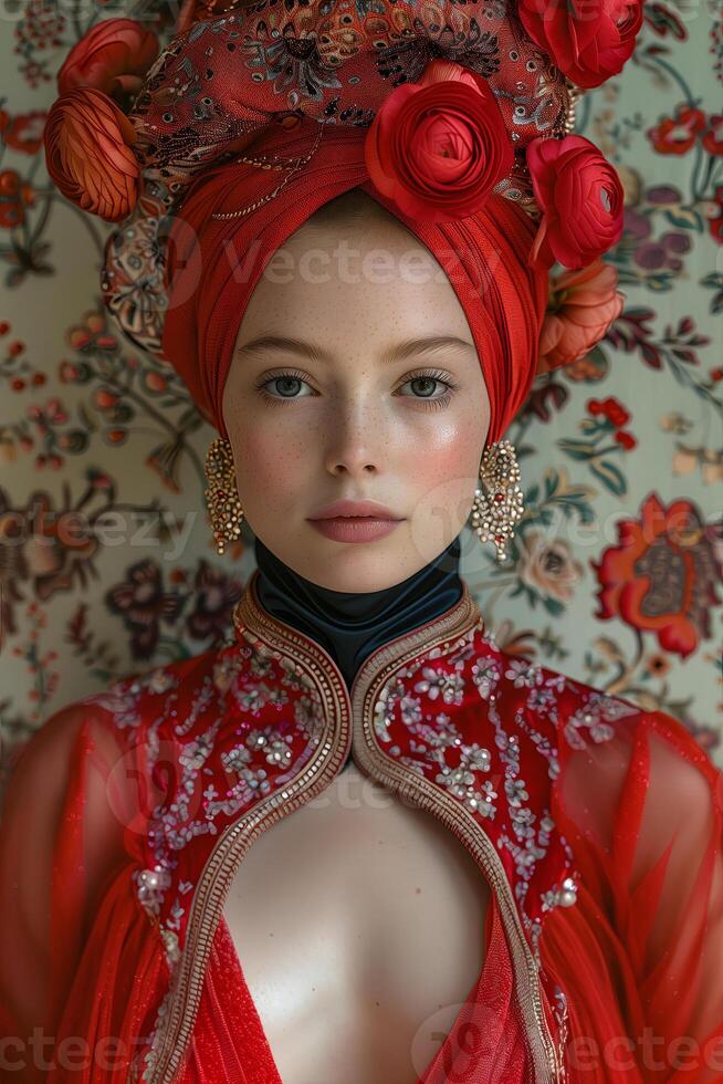 ai generato avvicinamento ritratto di un' giovane bellissimo caucasico donna vestito nel eccezionale rosso vestire, con rosso fiori cappello. haute alta moda, modelli, alto moda tendenze. foto