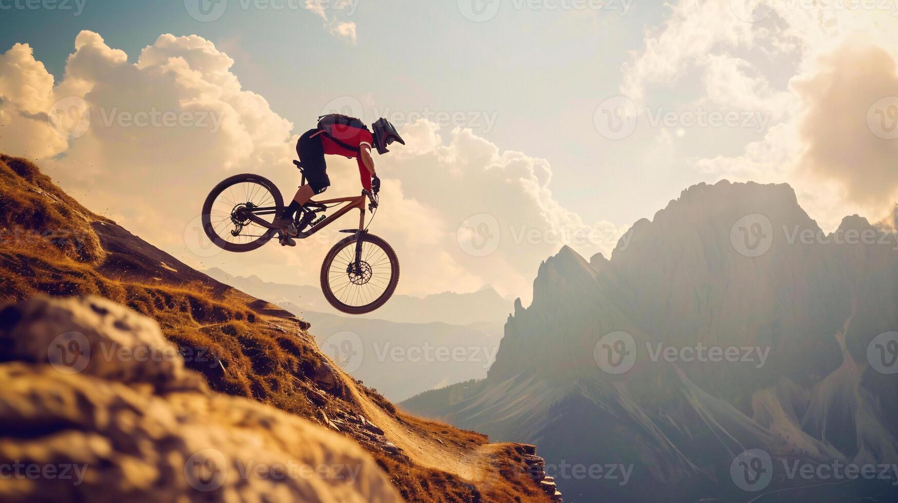 ai generato un' montagna motociclista Soaring attraverso il aria contro un' mozzafiato montagnoso fondale foto