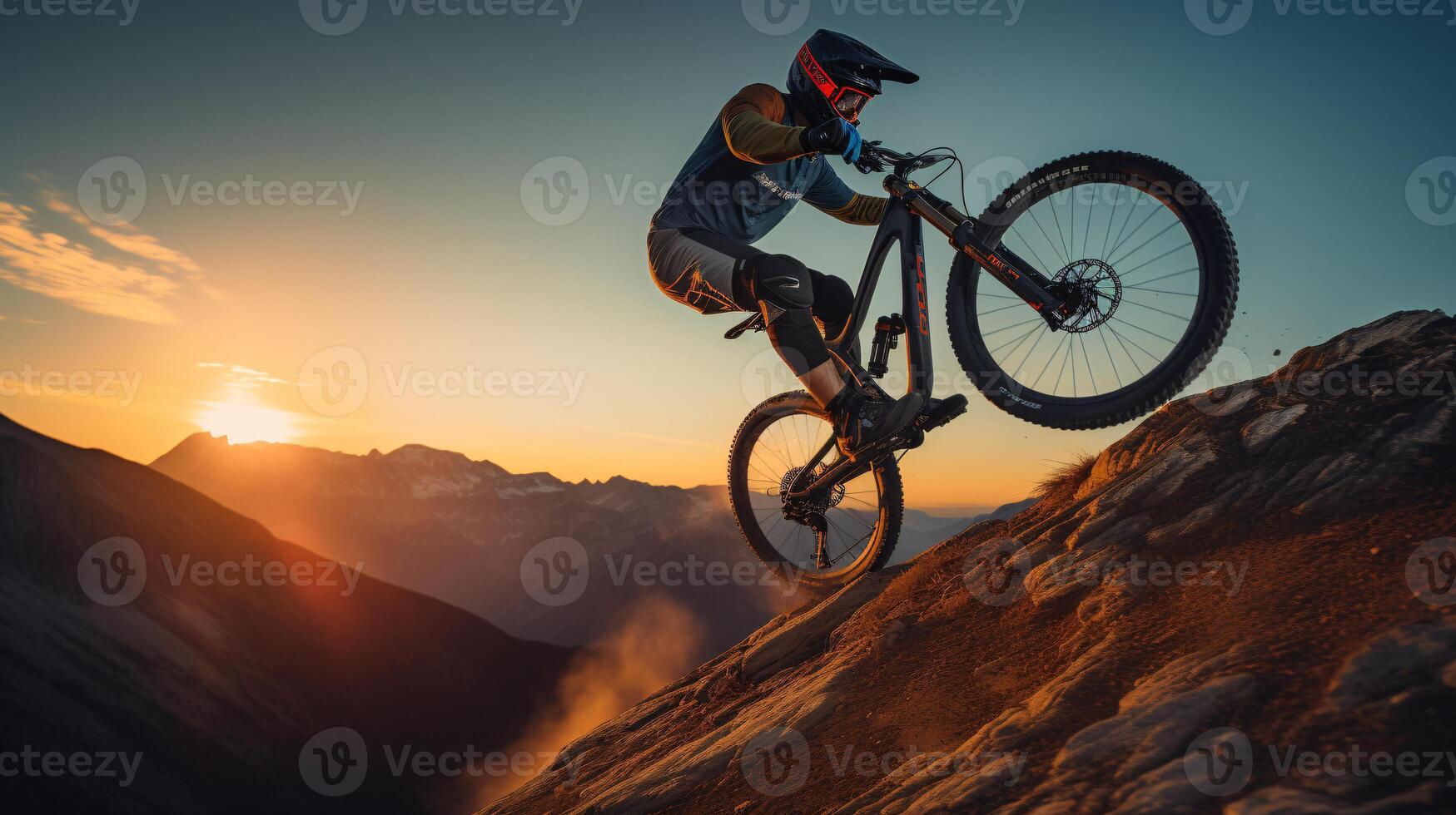 ai generato un' montagna motociclista Soaring attraverso il aria contro un' mozzafiato montagnoso fondale foto