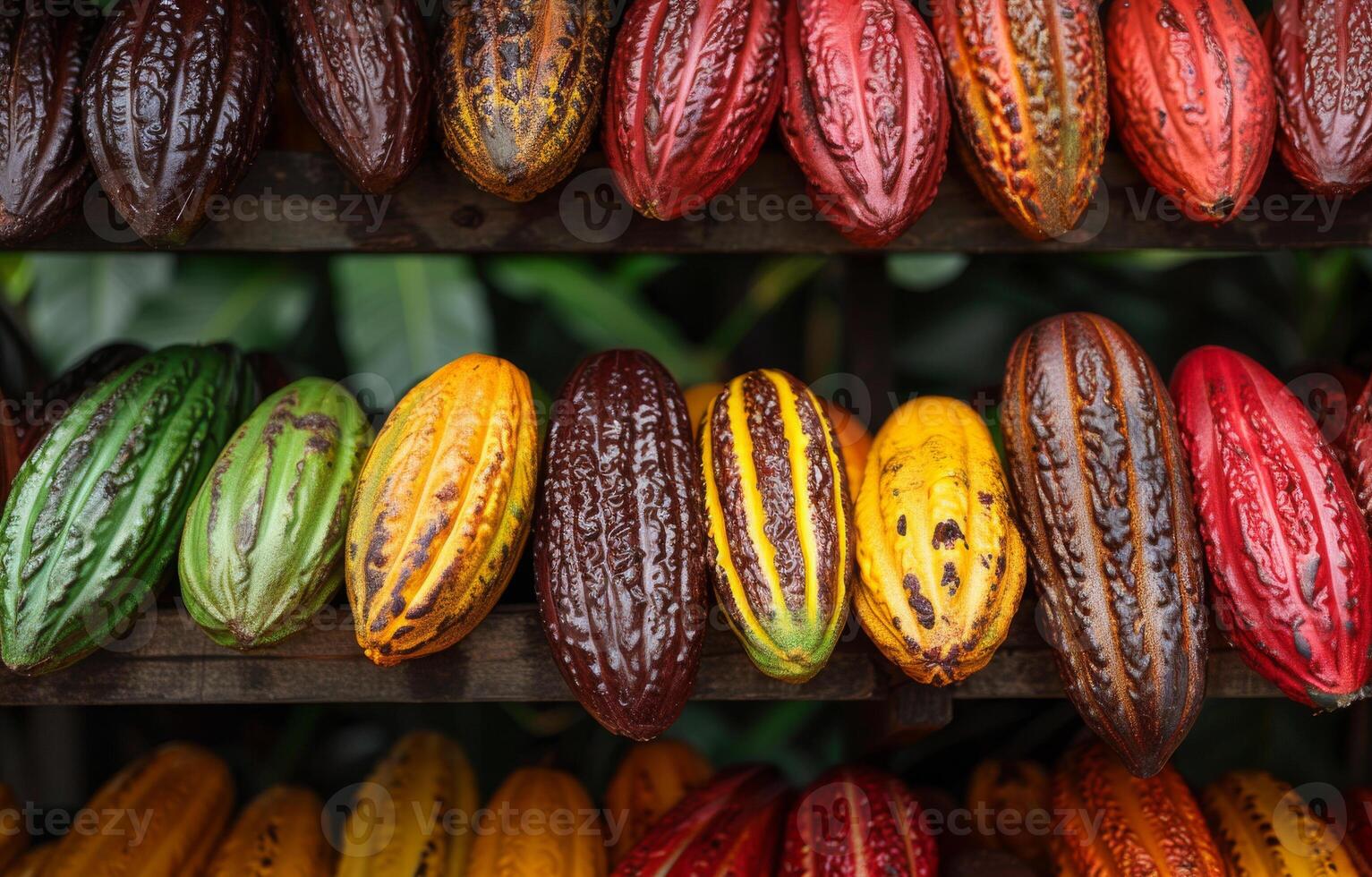 ai generato cacao frutta cacao fagioli e cacao baccello su di legno tavolo foto