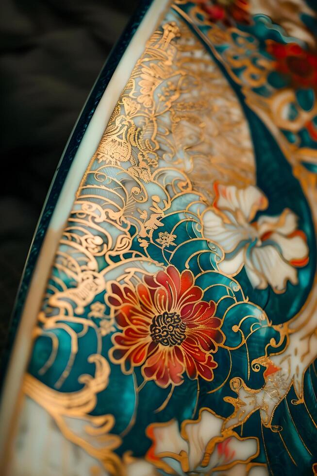 ai generato oro batik tavola da surf, floreale modelli foto