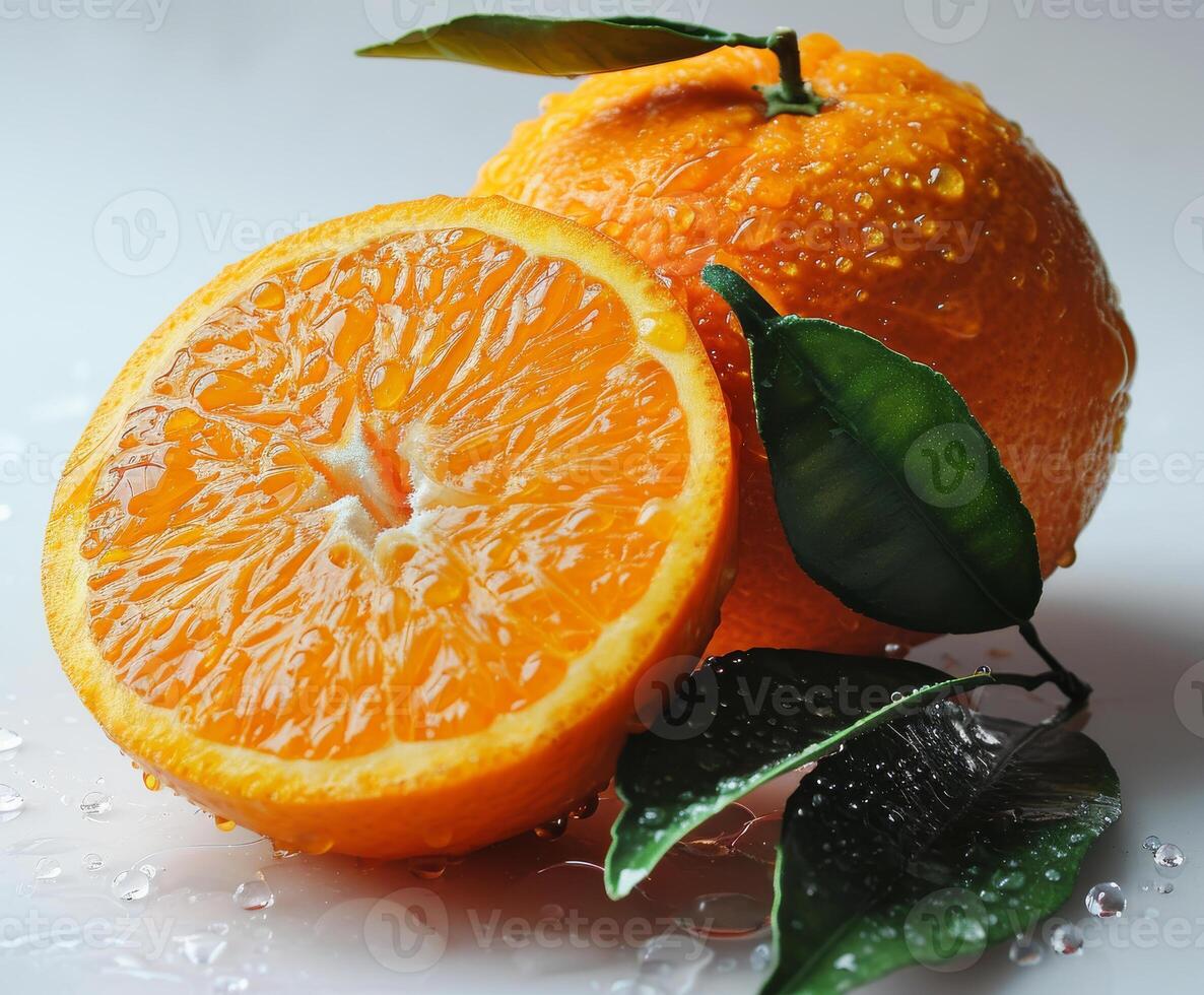 ai generato fresco arancia e mandarino con le foglie e acqua gocce su bianca sfondo foto