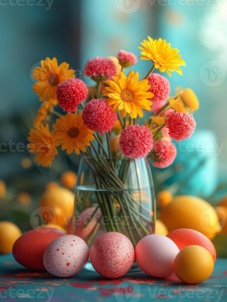 ai generato colorato Pasqua uova e fiori su blu sfondo foto