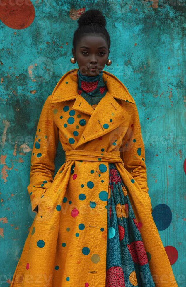 ai generato un' donna nel un' giallo cappotto indossare fantasia gonne foto