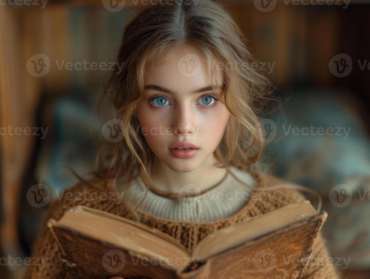 ai generato bellissimo giovane donna con libro. educativo concetto. foto
