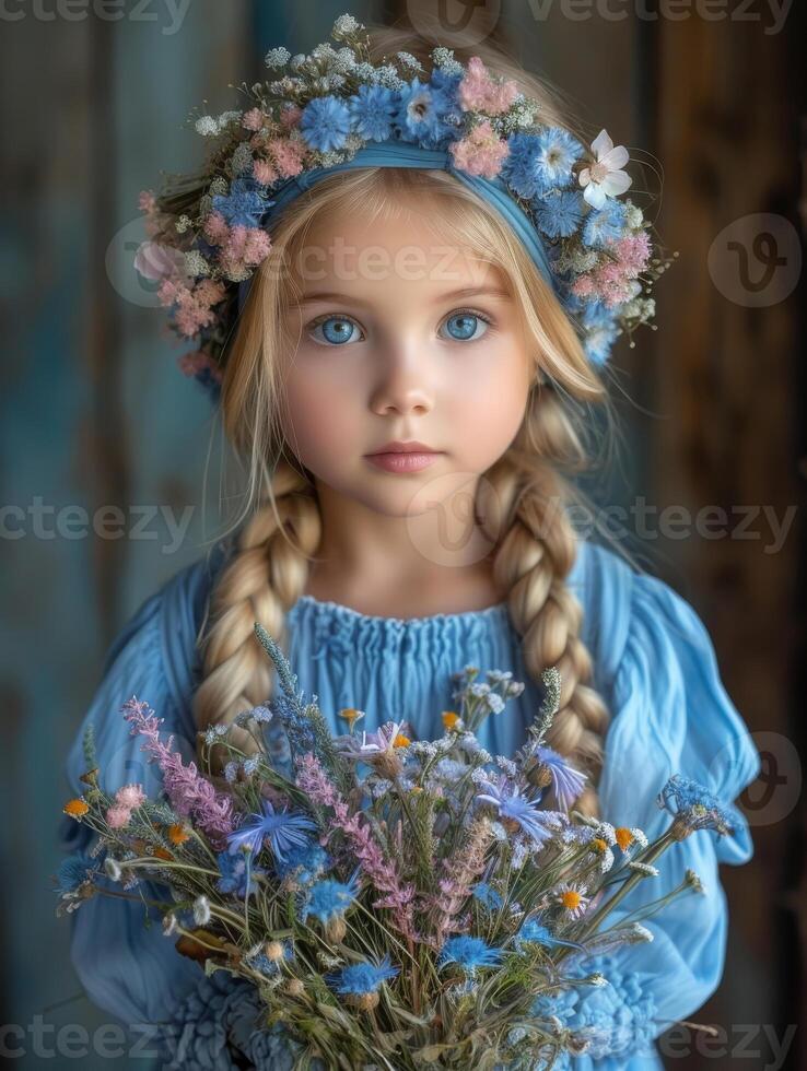 ai generato poco ragazza è Tenere fiori e indossare blu vestire. foto