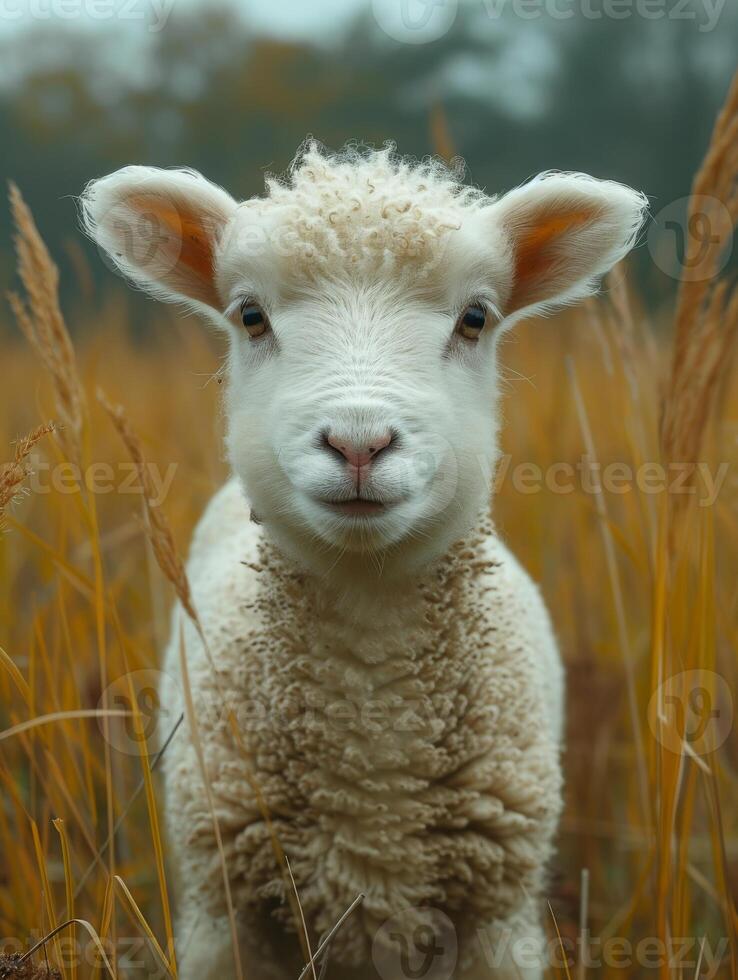 ai generato giovane agnello è in piedi nel campo con alto erba e guardare a il telecamera. foto