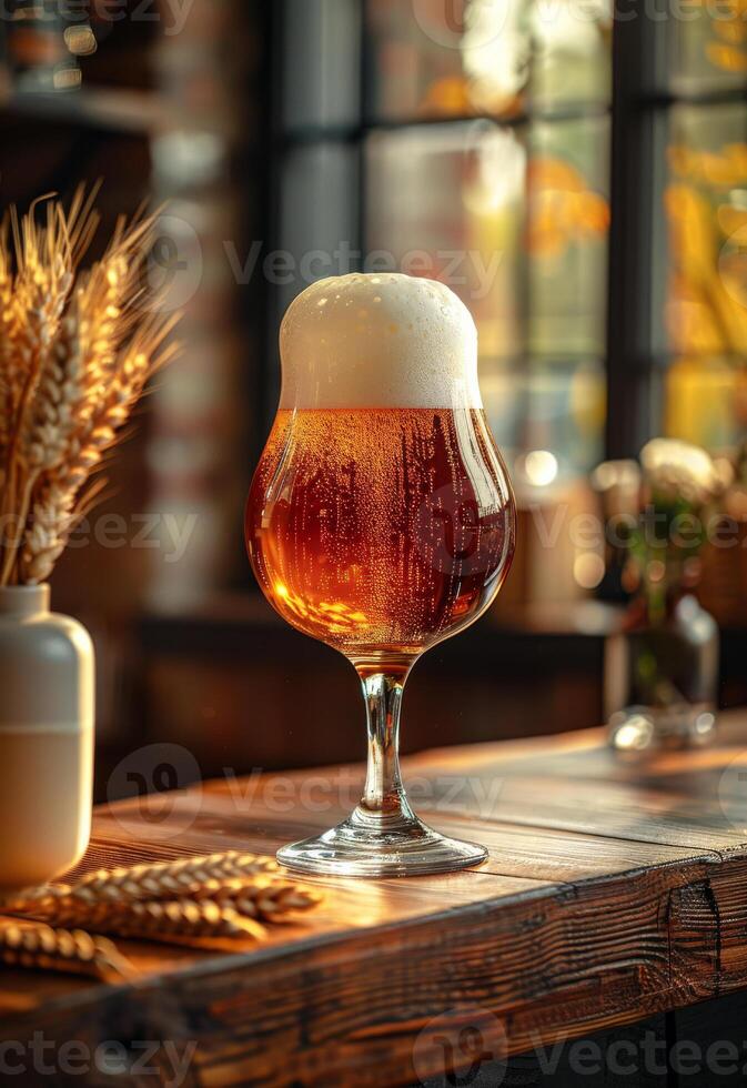 ai generato bicchiere di freddo leggero birra con schiuma su il di legno bar contatore nel pub foto