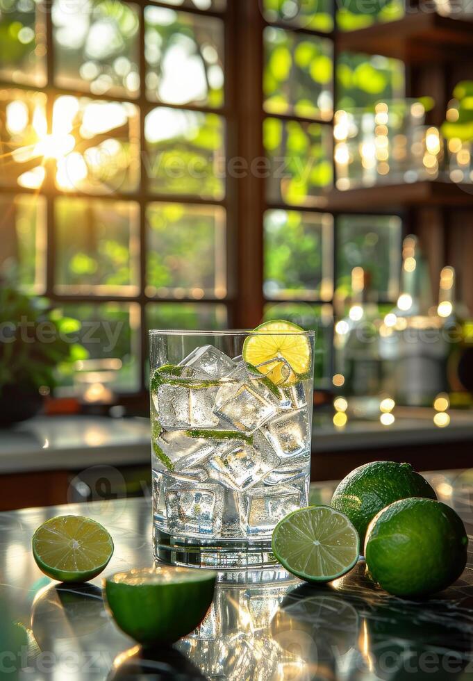 ai generato bicchiere di acqua. bicchiere di Gin e Tonico con Limes foto