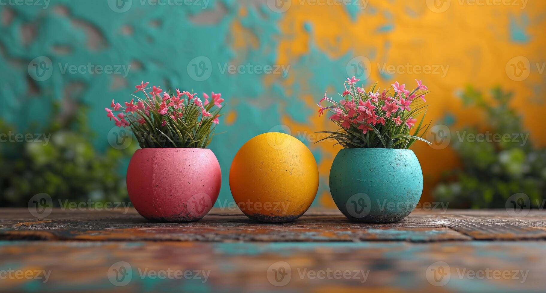 ai generato Pasqua uova e rosa fiori su di legno tavolo foto