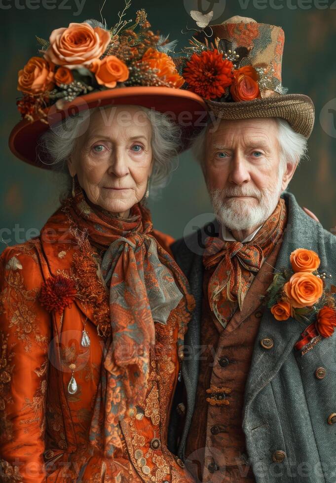 ai generato ritratto di bellissimo vecchio coppia vestito nel retrò stile Abiti e cappelli. foto